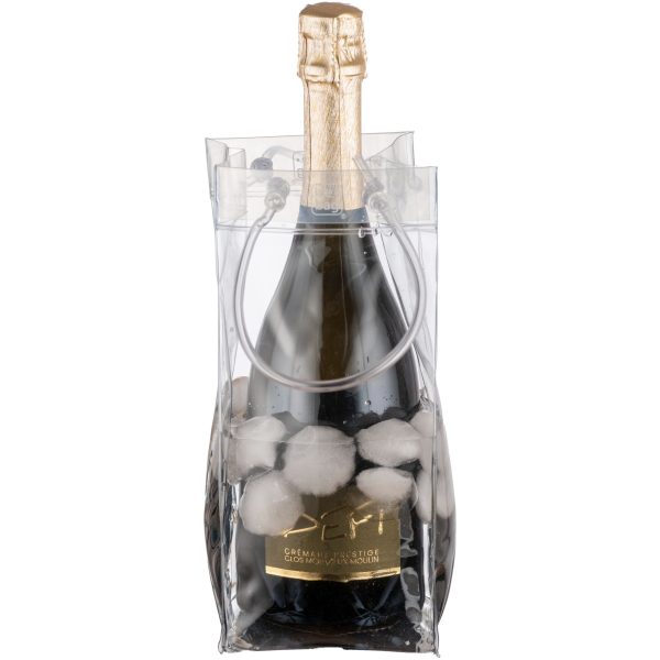 Ice bag with red ribbon and Defi crémant in water and ice cubes